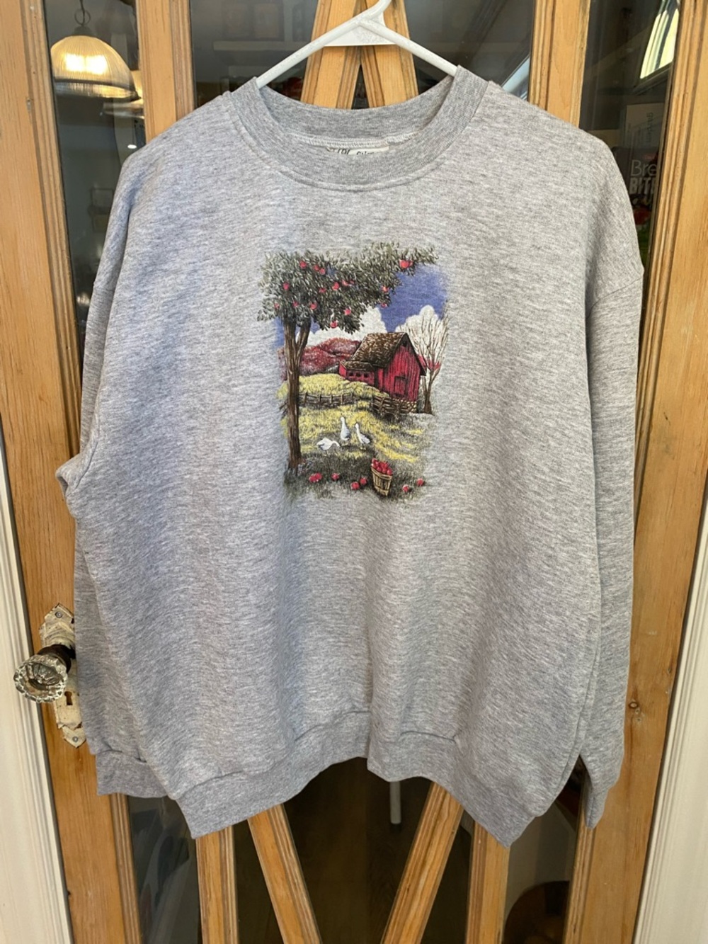 Vintage Cottagecore & Grandmcore Grey Crewneck Sweatshirt with Barn & Orchard